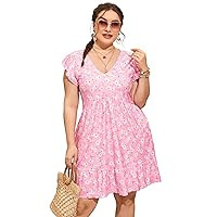 Womens Plus Size Casual V Neck Dress Loose Swing Ruffle Summer Boho Midi Dress with Pockets