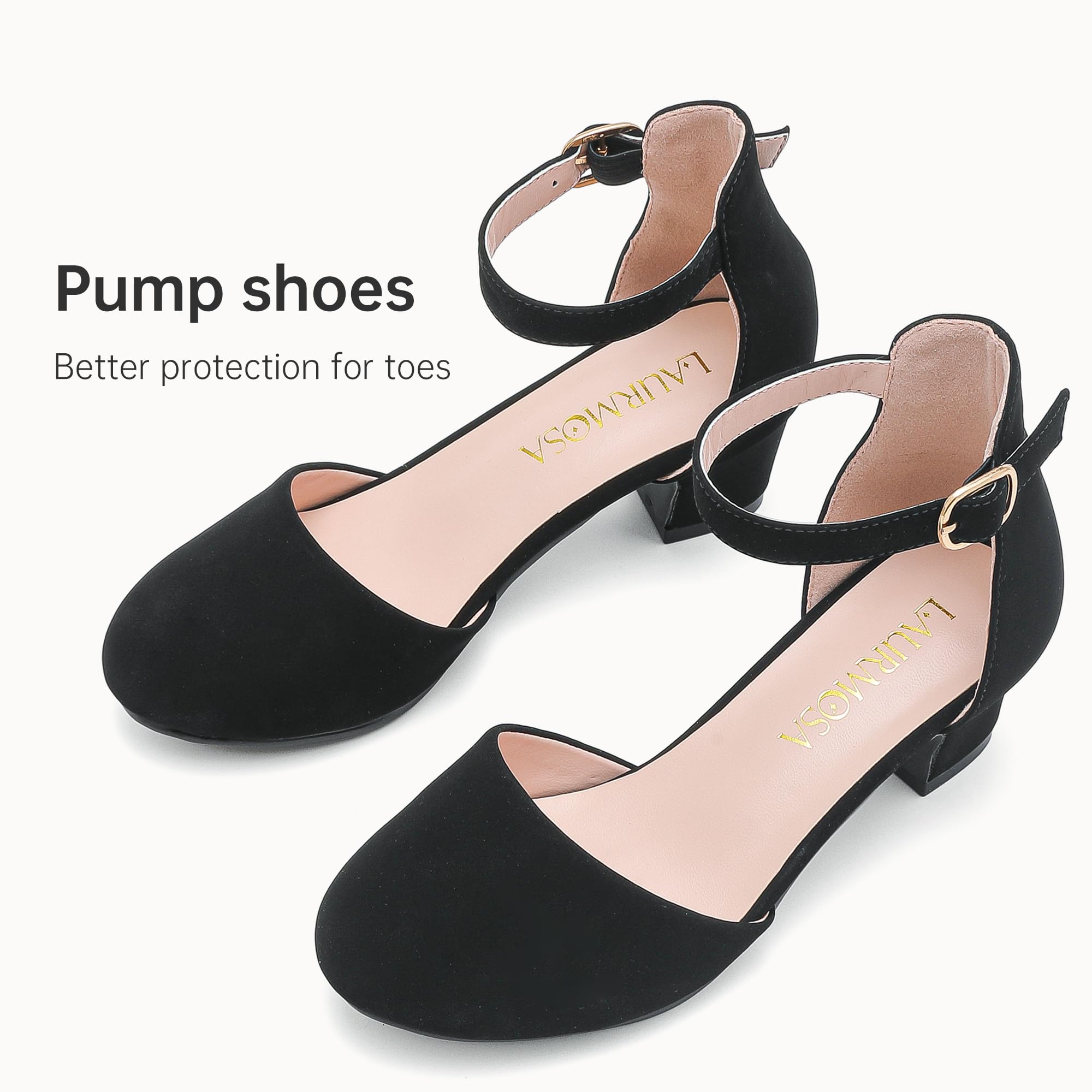 LAURMOSA Girls Dress Shoes Closed Toe Chunky High Heels Ankle Strap Wedding Party Pump Shoes