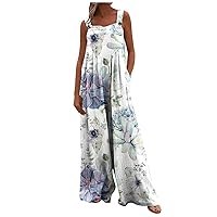 Women's Casual Adjustable Strap Sleeveless Jumpsuits Floral Print Rompers Wide Leg Loose Bib Overalls with Pockets