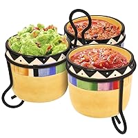 Kovot Fiesta Style 3 Dip Bowls With Metal Stand | 8-Ounce Ceramic Serving Set | Cinco De Mayo Decor
