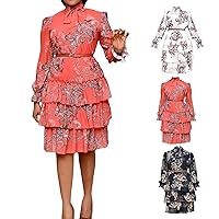 Womens Caual Floral Long-Sleeve Dress Fashion Bow Turtleneck Belt Tunic Knee Dresses Classy Ruffle Outing Travel Dress