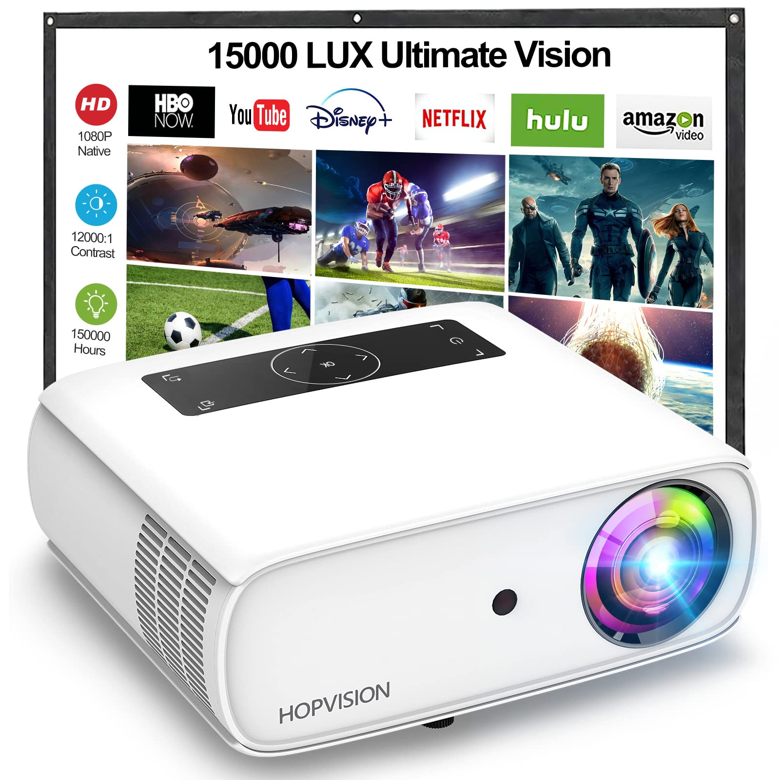 HOPVISION Native 1080P Projector Full HD, 15000Lux Movie Projector with 150000 Hours LED Lamp Life, Support 4K 350