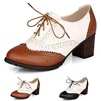 Women's Chunky Heel Lace Up Brogue Oxford Dress Shoes Vintage Leather Block Mid Heel Perforated Wingtip Pumps for Wedding Office Evening