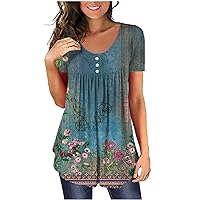 T-Shirts for Women Tie Dye Flower Print Tops Blouse Short Sleeves Button Tunic T Shirt Ruched Flowy Hem Clothing