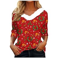 Christmas Shirts for Women Fleece V Neck Tops Long Sleeve Graphic Tees Casual Loose Blouses Fashion Daily Outfits