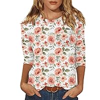 3/4 Length Sleeve Womens Tops Summer Casual Crewneck Cute Shirts Floral Print Basic Tees Blouses Loose Fit Pullover