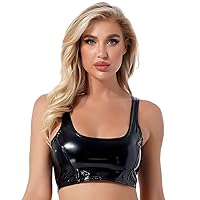 FEESHOW Womens PU Leather Back Zipper Camis Gothic Top Sleeveless Sexy Camisole Vest Crop Tops Black X-Large