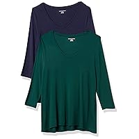 Amazon Essentials Women's 3/4 Sleeve V-Neck Swing T-Shirt (Available in Plus Size), Pack of 2