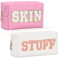 WantGor 2Pcs Cosmetic Toiletry Bags, Preppy Patch Letter Makeup Bag Large Zipper Pouch Storage Portable Purse Waterproof Travel Organizer Personalized Gift Ideal for Women