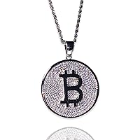 Custom Crypto Bitcoin Iced Men Women 14k White Gold Finish Italy Iced Bling Pendant Individual Micro-Pave Simulated Diamond Punk Necklace Ice Out, Iced Pendant, Crypto Rope Necklace