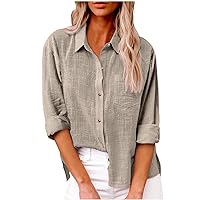 Limited of time Deals Today Prime Cotton Linen Button Down Shirts for Women Long Sleeve Collared Work Blouse Trendy Loose Fit Summer Tops with Pocket