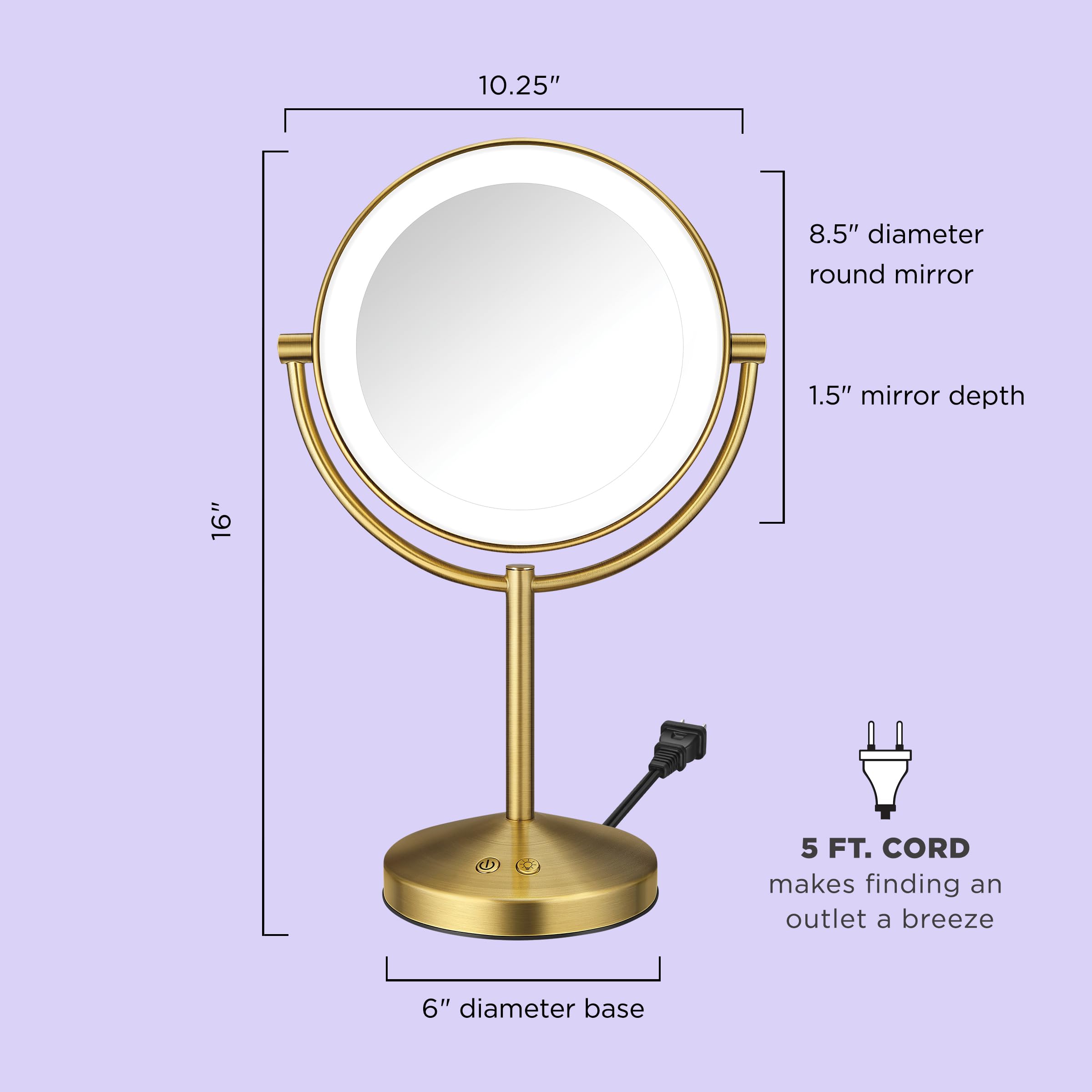 Conair Lighted Makeup Mirror, LED Vanity Mirror, 1X/10x Magnifying Mirror, Corded in Brushed Brass Finish