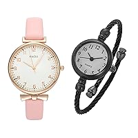 Top Plaza Bundle – 2 Items: Women Classic Leather Analog Watch & Quartz Bangle Cuff Wrist Bracelet Watch