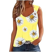 Daisy Tank Tops for Women Trendy V Neck O Ring Cami Shirts Summer Casual Floral Print Sleeveless Loose Fit T-Shirt