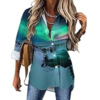 Green Northern Lights Long Sleeve Shirts for Women Print Fashion Casual Button Down Tee Tops