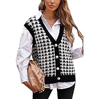 Flygo Women's Oversized Houndstooth Knitted Vest V Neck Button Down Sleeveless Cardigan