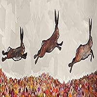 Brown Bunnies Jumping Over Flowers by Eli Halpin Canvas Wall Art, 36 by 12-Inch