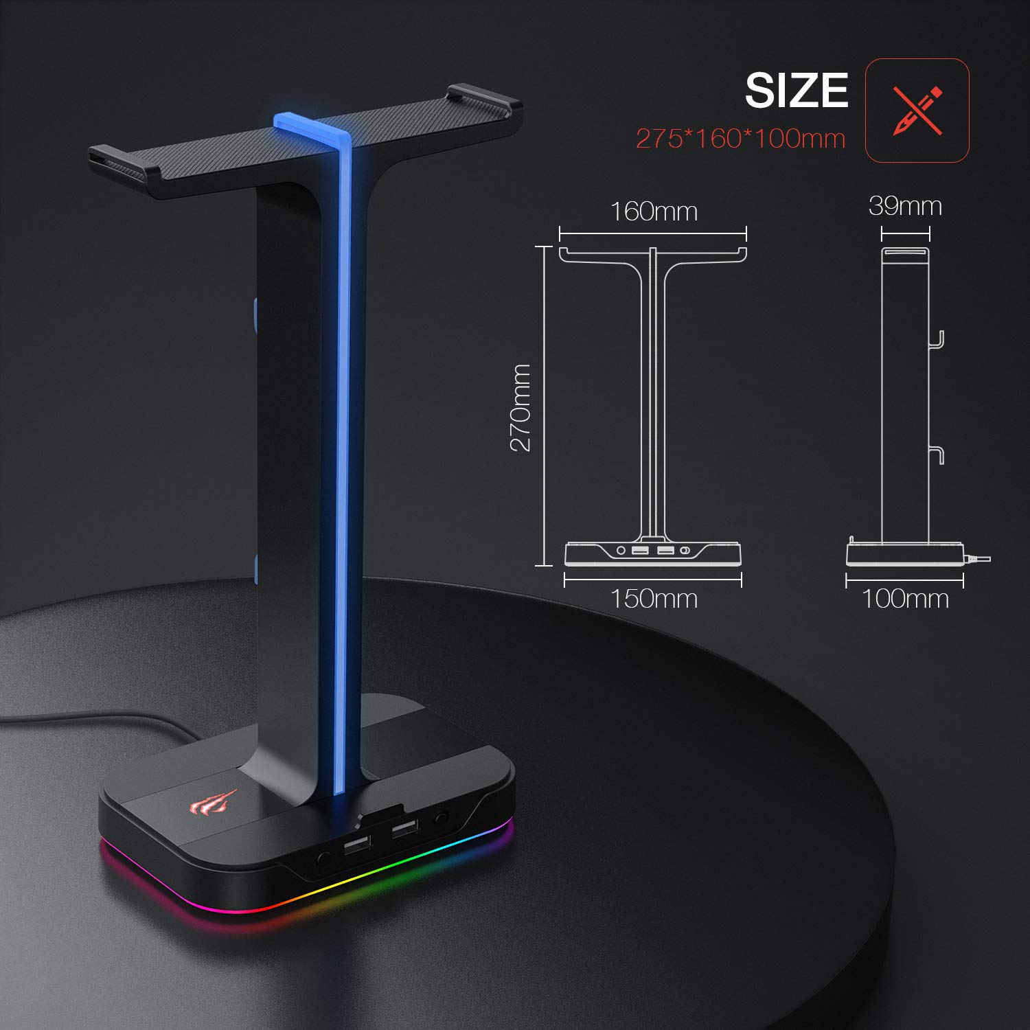 havit RGB Gaming Headphone Stand Desk Dual Headset Hanger Base with Phone Holder & 2 USB Ports for Desktop PC Game Earphone Accessories