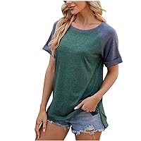 Womens Raglan Sleeve Tops Short Sleeve Trendy Shirts Color Block Tunic Tshirt Crewneck Summer Casual Blouses Tee