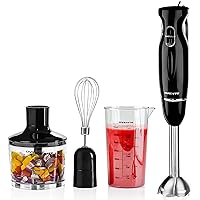 Immersion Electric Hand Blender 300 Watt Power 2 Mix Speed with Stainless Steel Blades, Handheld Stick Mixer Set with Egg Whisk Attachment Mixing Beaker and BPA-Free Food Chopper, Black HS565B