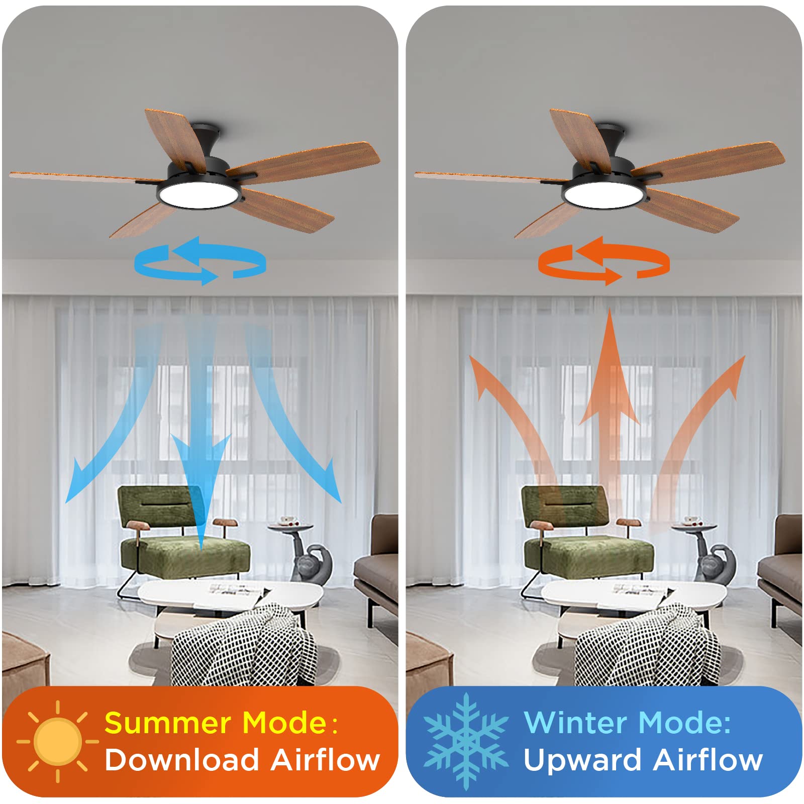 TALOYA 52 inch Ceiling Fans with Lights,Remote Control Multifunctional Quiet Fan with Three Color Temperature and Dimmable Light with Reversible Blades Black