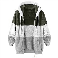 Womens 2023 Winter Fuzzy Fleece Jacket Hooded Color Block Patchwork Cardigan Coats Outerwear with Pockets