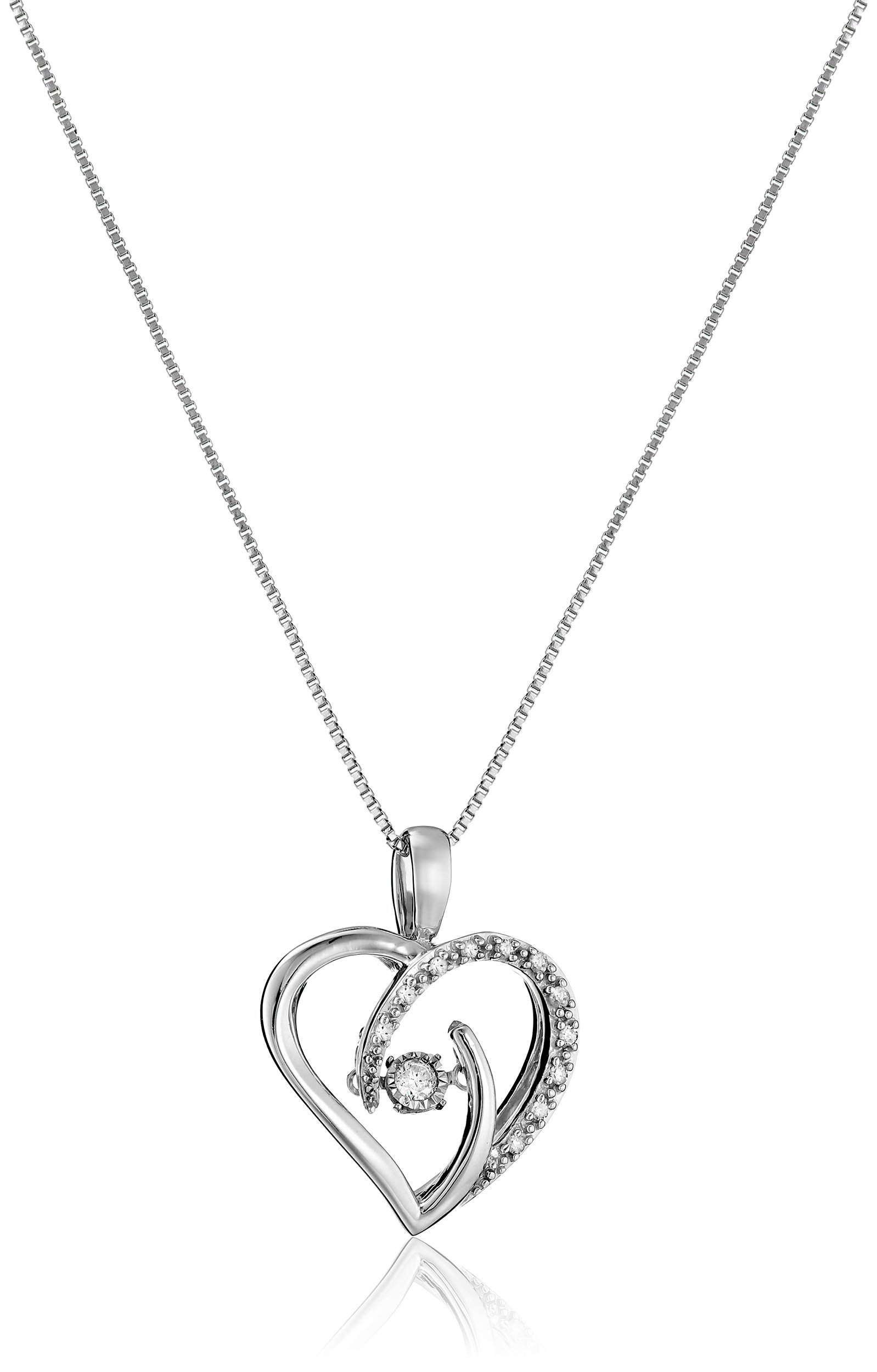 Amazon Collection 1/10 Carat Dancing Diamond Heart Pendant Necklace for Women in Sterling Silver with 18 Inch Box Chain (0.1cttw, J-K Color, I2-I3 Clarity)