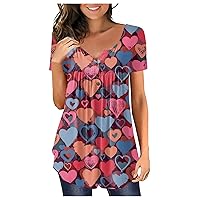 Women Blouses,Tunic Plus Size Short Sleeve Summer Shirt Love Printed Sexy Button V-Neck Blouse for Valentine's Day