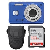 Kodak PIXPRO FZ55 Digital Camera (Blue) + Point & Shoot Camera Case + Sandisk 128GB SDXC Memory Card