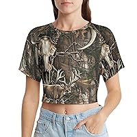 Deer Hunting Camo Buffalo Skull Women's Navel Exposed T Shirt Casual Blouses Crewneck Crop Tops for Home Work