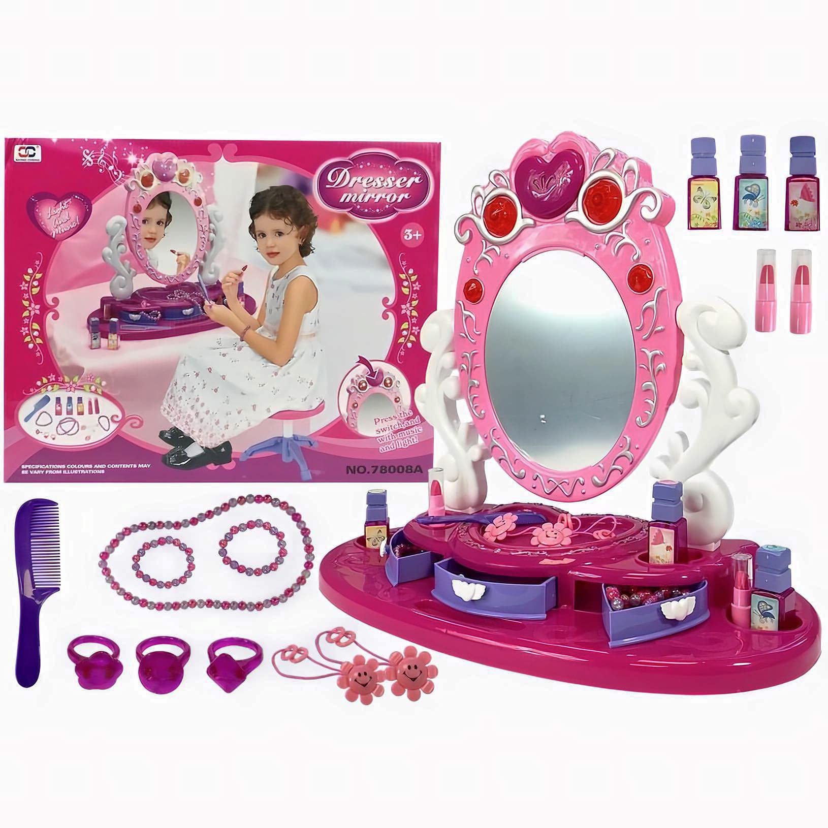 Dresser Vanity Beauty Set - Pink Princess Pretend Play Dressing Table Top Set with Makeup Mirror, Jewelry and Accessories - Music and Lights for Little Girls