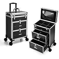 Adazzo Professional Rolling Makeup Train Case with Drawers, Large Cosmetic Trolley with Locks, Cosmetics Storage Organizer Make up Case for Travel Makeup/Nail Art/Hair Styling, Matte Black