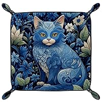 Microfiber Leather Dice Trays Holder for Dice Games Like RPG DND, Textures Blue Cat Dice Holder Storage Box Portable Folding Rolling Dice Tray, 16x16cm