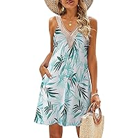 SimpleFun Summer Dresses for Women Beach Lace V-Neck Sundresses Casual Tropical Print Sleeveless Short Dress with Pockets