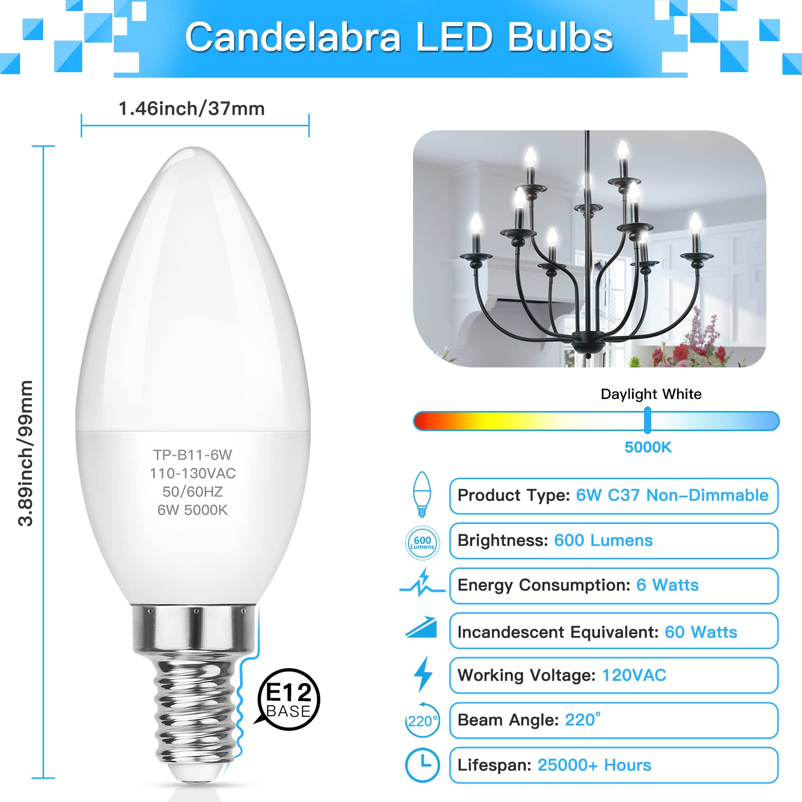 MAXvolador E12 LED Candelabra Light Bulbs 60W Equivalent, Daylight White 5000K 600 Lumens Chandelier Bulbs, 6W B11 Candle Bulb Base, Non-Dimmable, Pack of 6