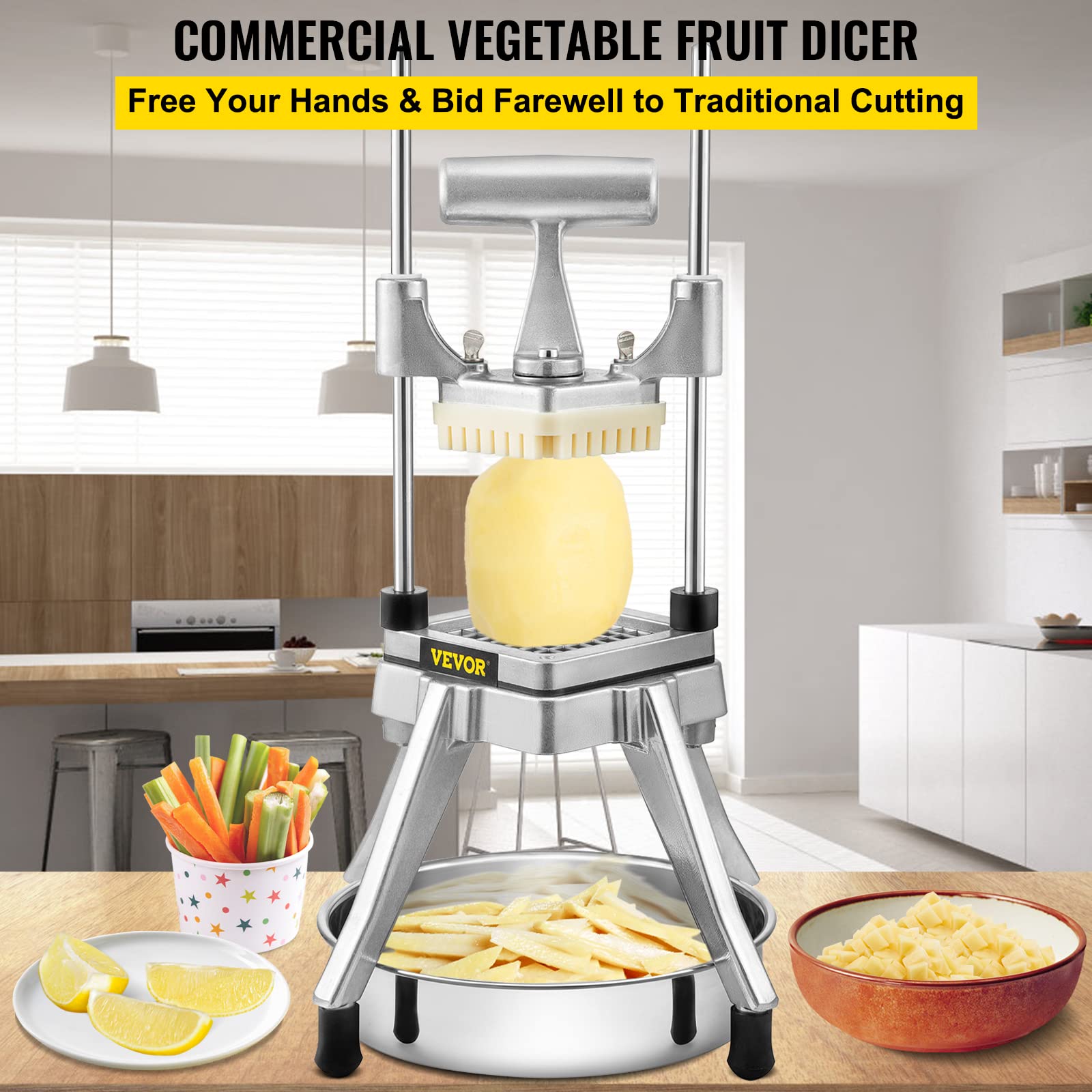 VEVOR Commercial Vegetable Fruit Chopper, Stainless Steel French Fry Cutter w/ 4 Blades 1/4