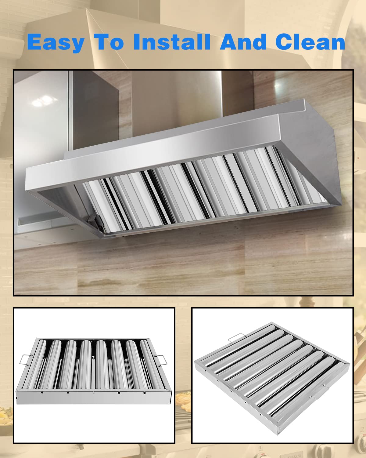 Hood Filters 19.5W x 19.5H Inch, 430 Stainless Steel 7 Grooves Commercial Hood Filters, Range Hood Filter for Grease Rated Commercial Kitchen Exhaust Hoods Pack of 6