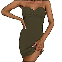 Sweater Dress with Buttons Women Strapless Twist Mini Dress Sexy Ribbed Knit Wrap Dresses High Stretch Bodycon Tube Top Dress Sweater Dresses Minivestido De Tweed Army Green