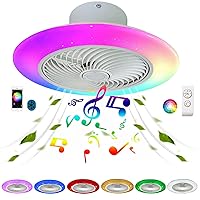 VOMI Round Ceiling Light with Fan Starry Sky Living Room Star Ceiling Lamp Dimmable LED Colour Changing RGB Ceiling Fan with Lighting Light Remote Control Quiet Music Bluetooth Speaker
