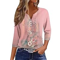 Womens Henley Tops Short Sleeve,3/4 Length Sleeve Womens Tops Button Henley V Neck Shirts Henley 2024 Summer Blouses Dressy Fashion Print Clothes 3/4 Length Sleeve Womens T Shirts