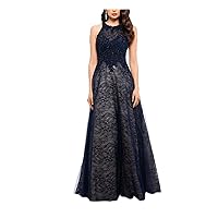 Xscape Womens Embellished Lace Sleeveless Illusion Neckline Full-Length Formal Fit + Flare Dress