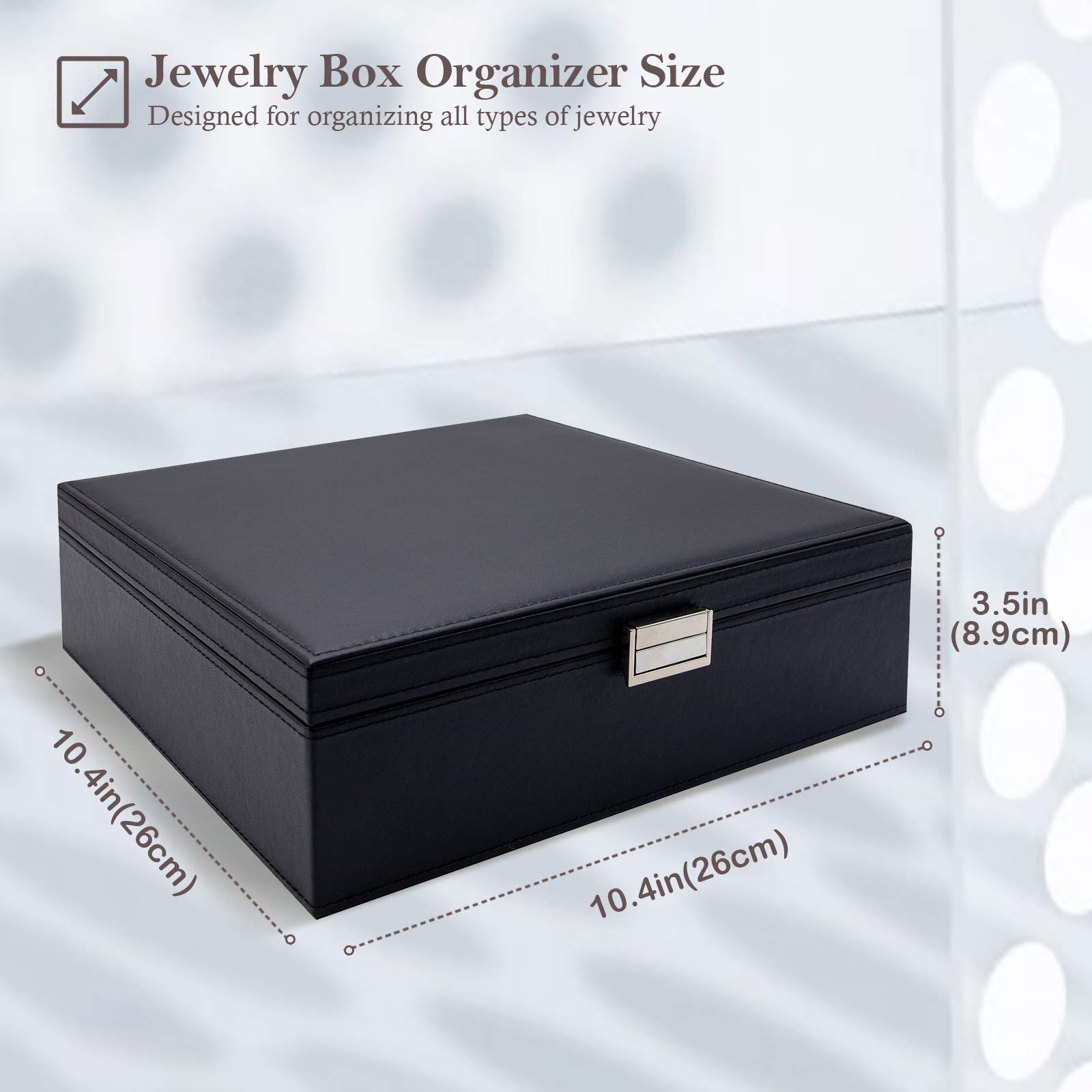 ProCase Jewelry Box for Women Girls, Large Leather Jewelry Organizer Storage Case with Two Layers Display for Earrings Bracelets Rings Watches -Black
