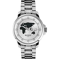 PICONO World Map Time and Date Automatic Water Resistant Analog Quartz Watch - No. 9901 (Silver/White)