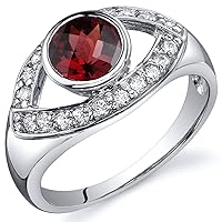 PEORA Garnet Ring in Sterling Silver, Enlightened Third Eye Design, 1 Carat Round Shape, 6mm, Comfort Fit, Sizes 5 to 9