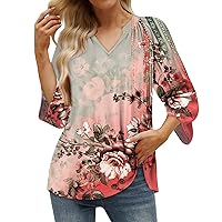 Floral Tops for Women, Women's Casual 3/4 Sleeve T Shirt V Neck Pullover Top, S XXXL