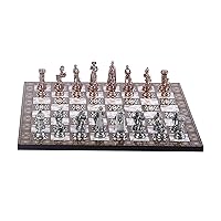 Medieval British Army Antique Copper Metal Chess Set for Adults, Handmade Pieces and Mosaic Design Wooden Chess Board King 2.75 inc