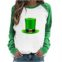 Women St. Patrick's Day Crewneck Sweatshirts Shamrock Shirt Green Cap Printed Long Sleeve Irish Gift Casual Loose Fit Tops