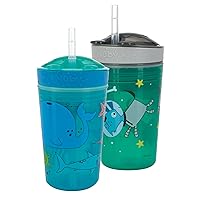 Nuby All in One: Snack Bowl and No Spill Soft Straw Cup | 2 Pack: Aqua Ocean Animals & Green Puppy Dogs | Snack N' Sip | Holds: 4.5 oz Snack Container with Lid and 9 oz | 12 Months +