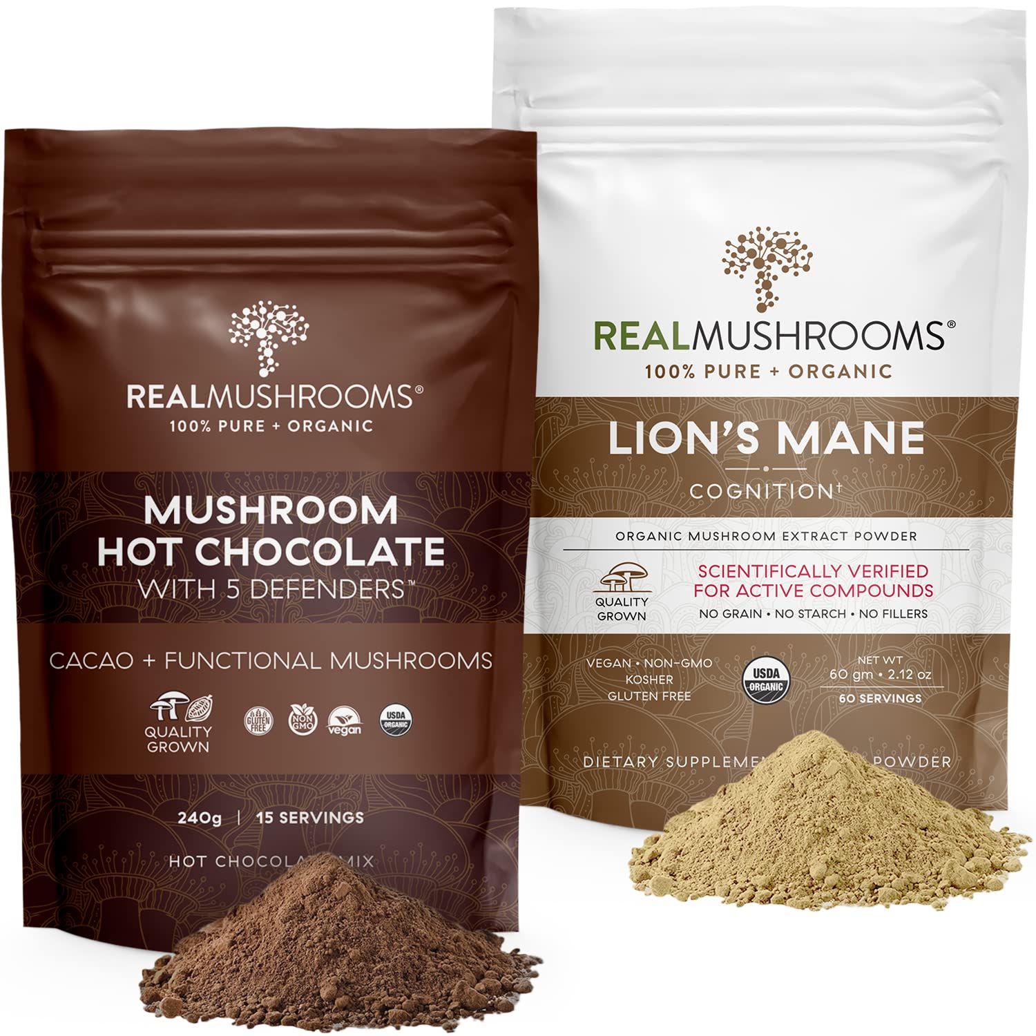 Real Mushrooms Hot Chocolate Mix (15 Servings) and Lion’s Mane (60 Servings) Powder Bundle - Mushroom Powder Supplement for Daily Immunity & Cognition Support - Gluten-Free, Non-GMO, Vegan