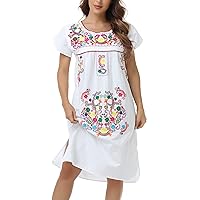 YZXDORWJ Women Mexican Embroidered Long Dress Ruffle Collar Maxi Boho Floral Summer Short Sleeve